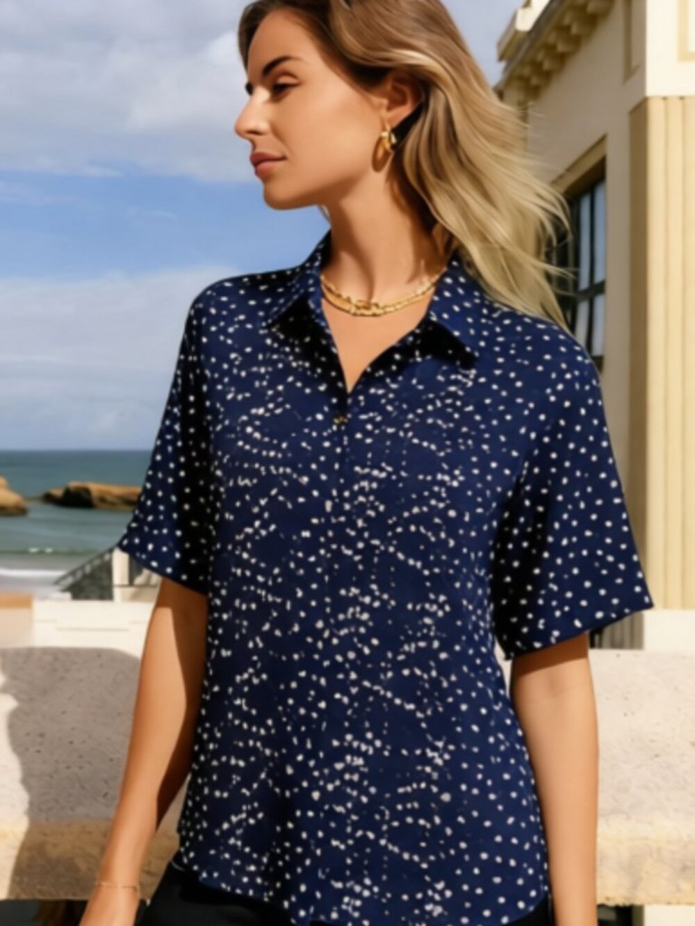 Counterparts Women's Button Up Short Sleeves Top Blouse Navy Polka Dot Size 8